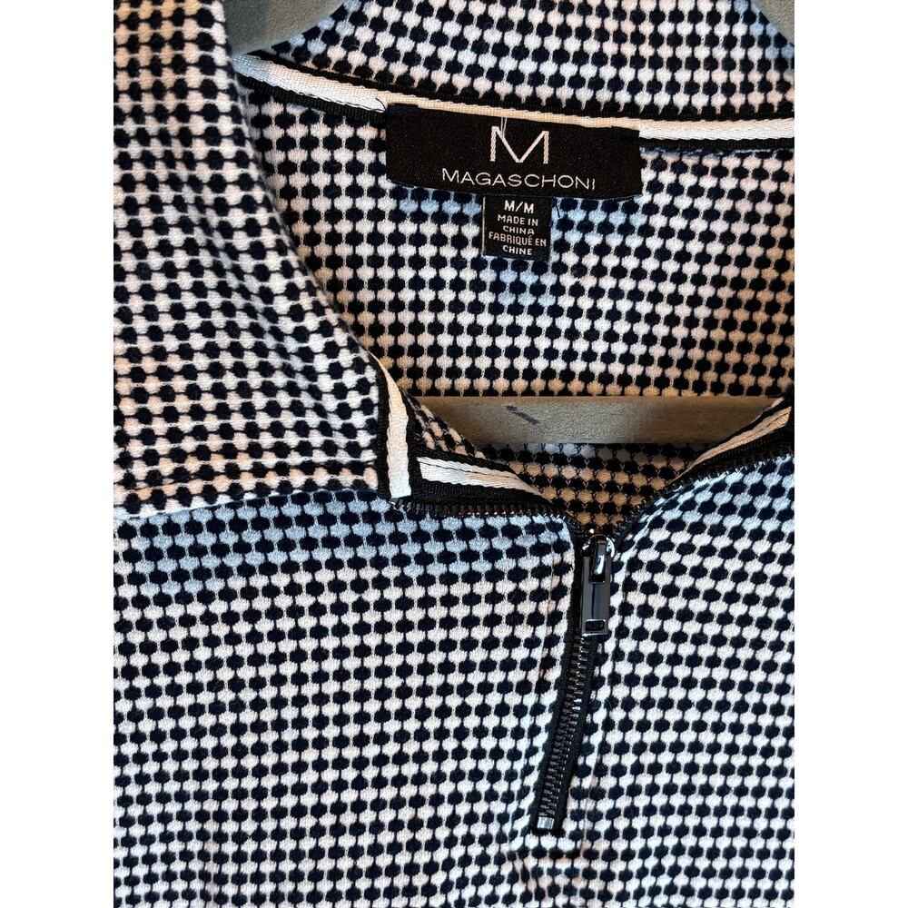 Magaschoni Houndstooth Quarter Zip Polo Medium Black White Stretch Top - Picture 3 of 5